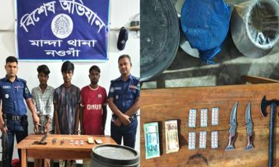 মান্দায় গভীর রাতে পুলিশের বিশেষ অভিযান, মাদক-অস্ত্র ও নগদ টাকাসহ আটক ৩