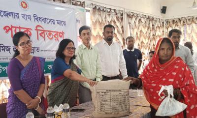 কয়রায় বাঘ বিধবা নারীদের মাঝে জেলা প্রশাসকের ফুড প্যাক বিতরণ